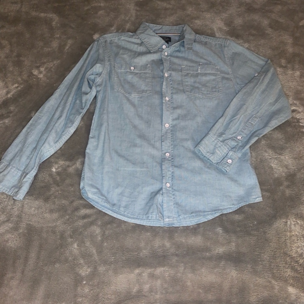 Boy's Size 12 First Wave Denim Blue Red White Striped Button Down Shirt Top EUC